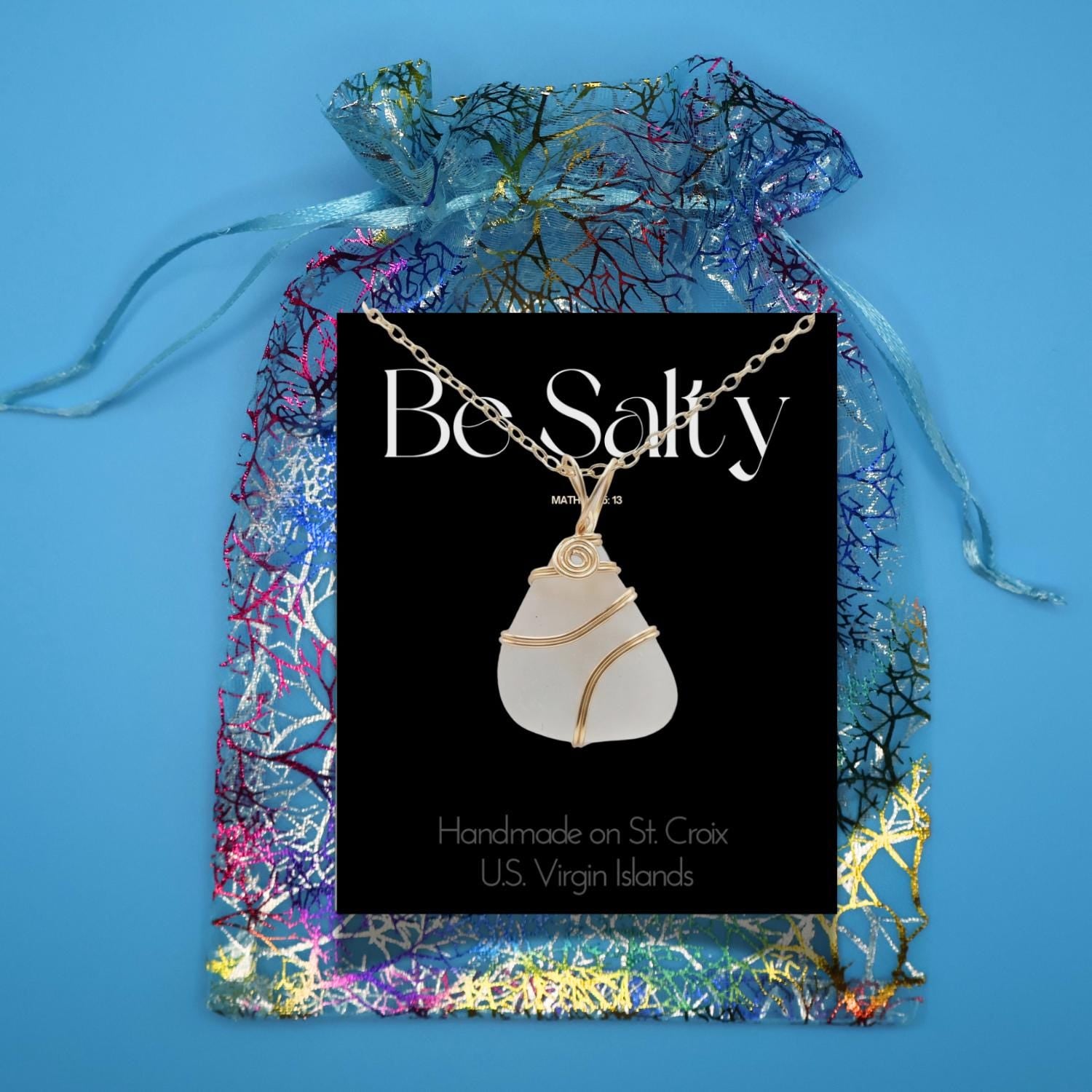 Handmade Genuine Caribbean Sea Glass Necklace – Wire Wrapped Pendant with chain, Faith Gift with Mathew verse - Choose your color