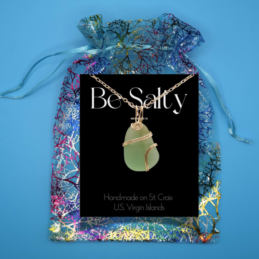 Handmade Genuine Caribbean Sea Glass Necklace – Wire Wrapped Pendant with chain, Faith Gift with Mathew verse - Choose your color