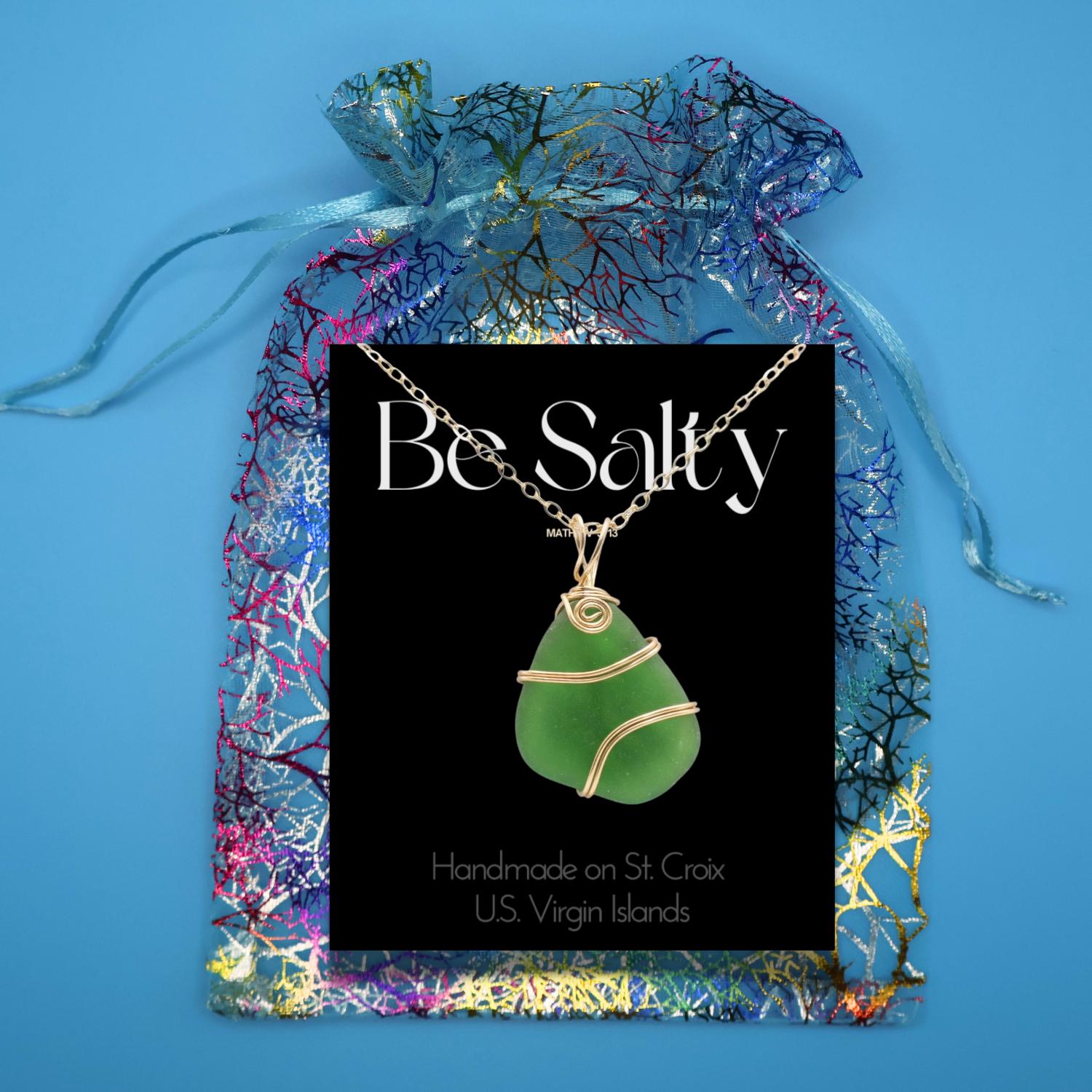 Handmade Genuine Caribbean Sea Glass Necklace – Wire Wrapped Pendant with chain, Faith Gift with Mathew verse - Choose your color