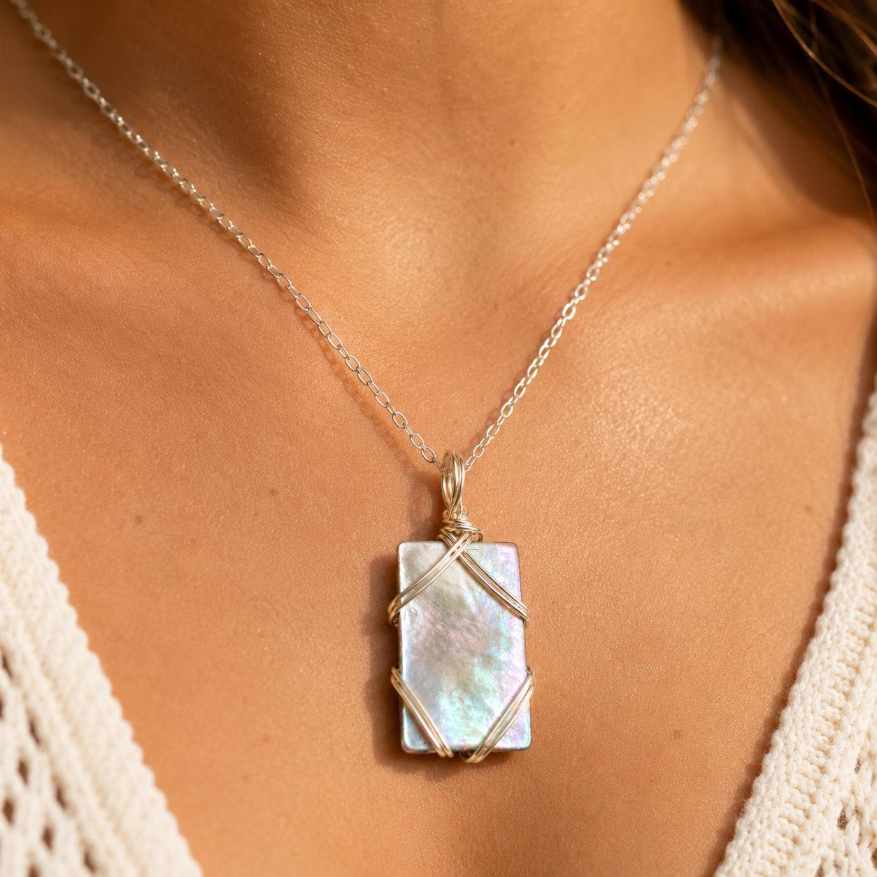Genuine Mother of Pearl Necklace – Minimal Coastal Jewelry – Handmade Ocean Treasure Pendant Gift