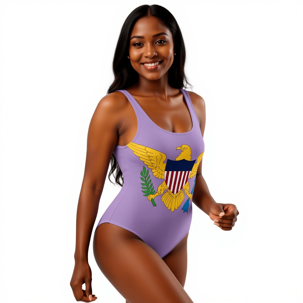 Virgin Islands Flag One-piece Swimsuit - trendy women's swimwear and beachwear clothing - model wearing the Jacaranda- Front view. STXGifts