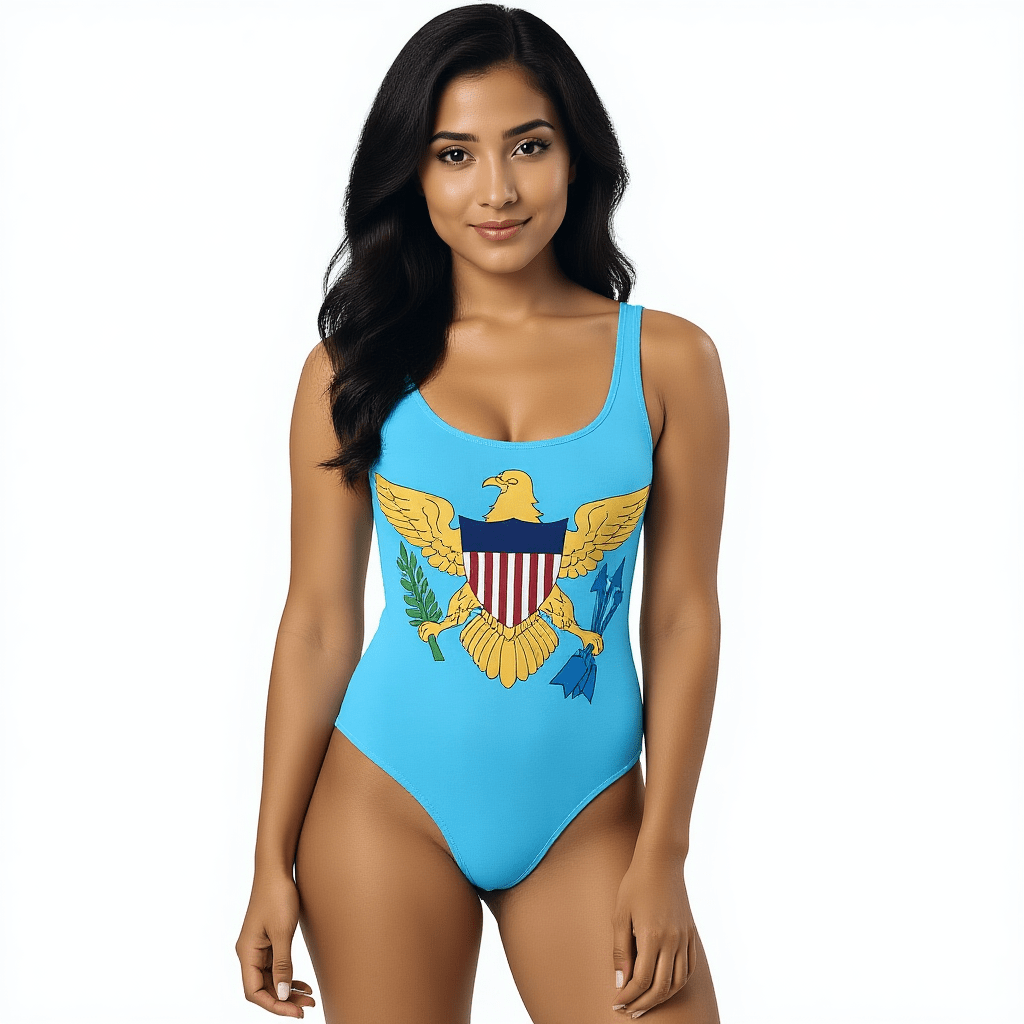 Virgin Islands Flag One-piece Swimsuit - trendy women's swimwear and beachwear clothing - model wearing the Mermaid- Front view.. STXGifts