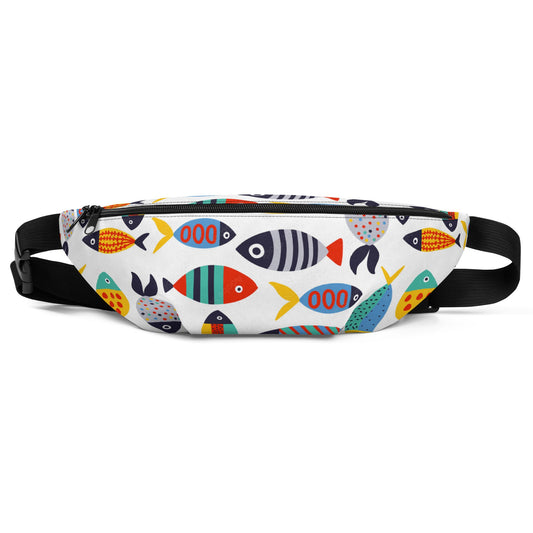 White Tropical Fish Crossbody Fanny Pack - a must-have accessory for any fashion-forward traveler - Front View. STXGifts