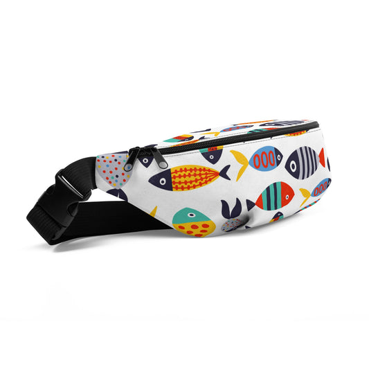 White Tropical Fish Crossbody Fanny Pack - a must-have accessory for any fashion-forward traveler - Side View. STXGifts